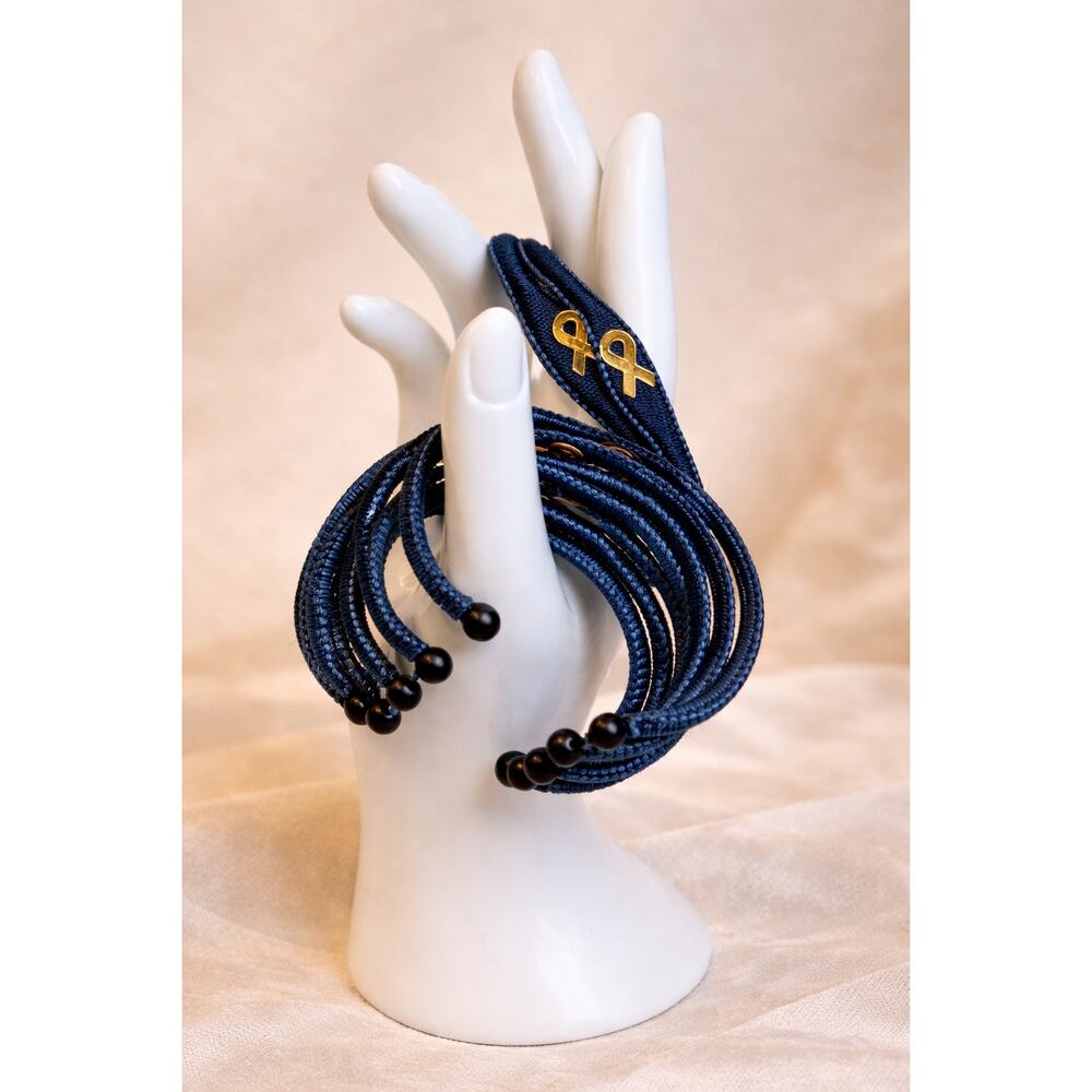 8 Pc Navy Wrap Bracelet Set | Gold Ribbon Detail | Breast Cancer Awareness